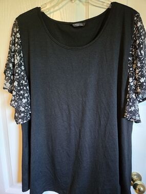 BloomChic Black Short Sleeve Top with Floral Flutter Sleeves